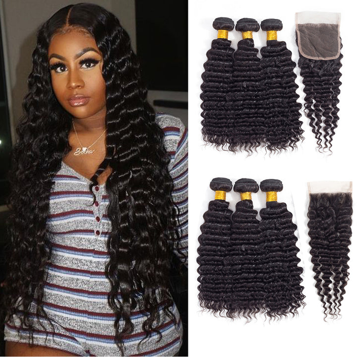 Indian Deep Wave Sew In 3 Bundles With 4x4 Lace Closure  