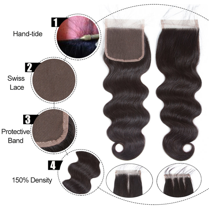 9a Virgin Peruvian Body Wave 4 Bundles with 4*4 Lace Closure